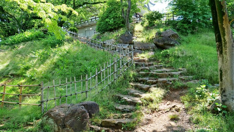 新緑の斜面に沿って、竹の柵と不揃いな石が組まれた階段が続く、歴史情緒あふれる登城路。