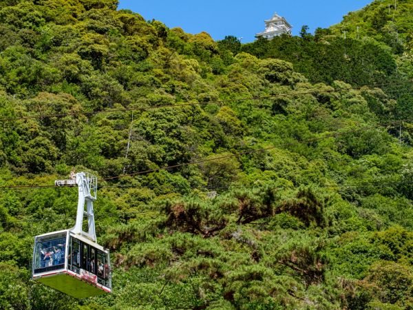青空の下、緑豊かな金華山の急斜面を登る白いロープウェーのゴンドラと、山頂に小さく見える白い岐阜城の天守。