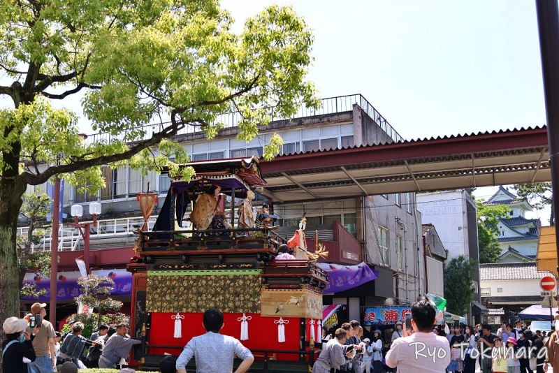 青空の下、新緑の木々の間を曳き回される大垣まつりの軕。赤や金の装飾が施された伝統的な山車の上で演じられる奉納踊りと、それを見守る観衆の風景。